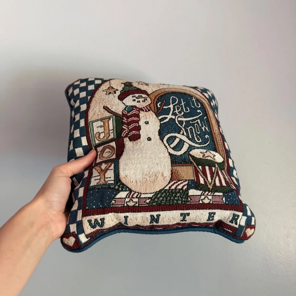 Vintage Winter Snowman Tapestry Throw Pillow Let It Snow Joy Woven  12x12